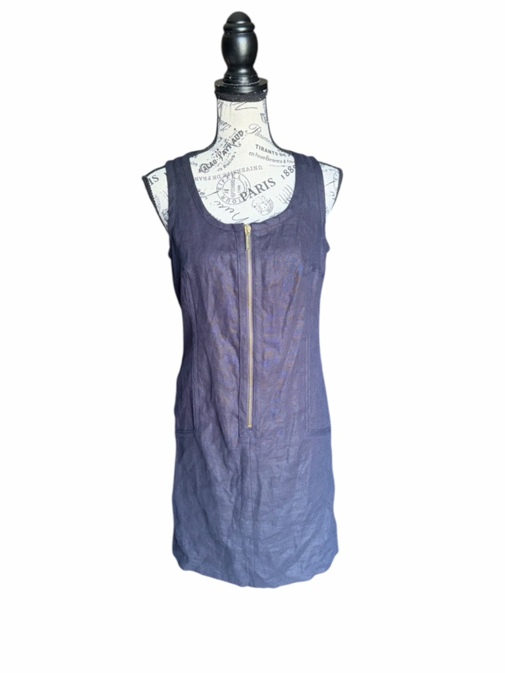 Michael Kors Linen Shift Dress Size 4 Midnight Blue Gold Zip Front Preppy NWT
